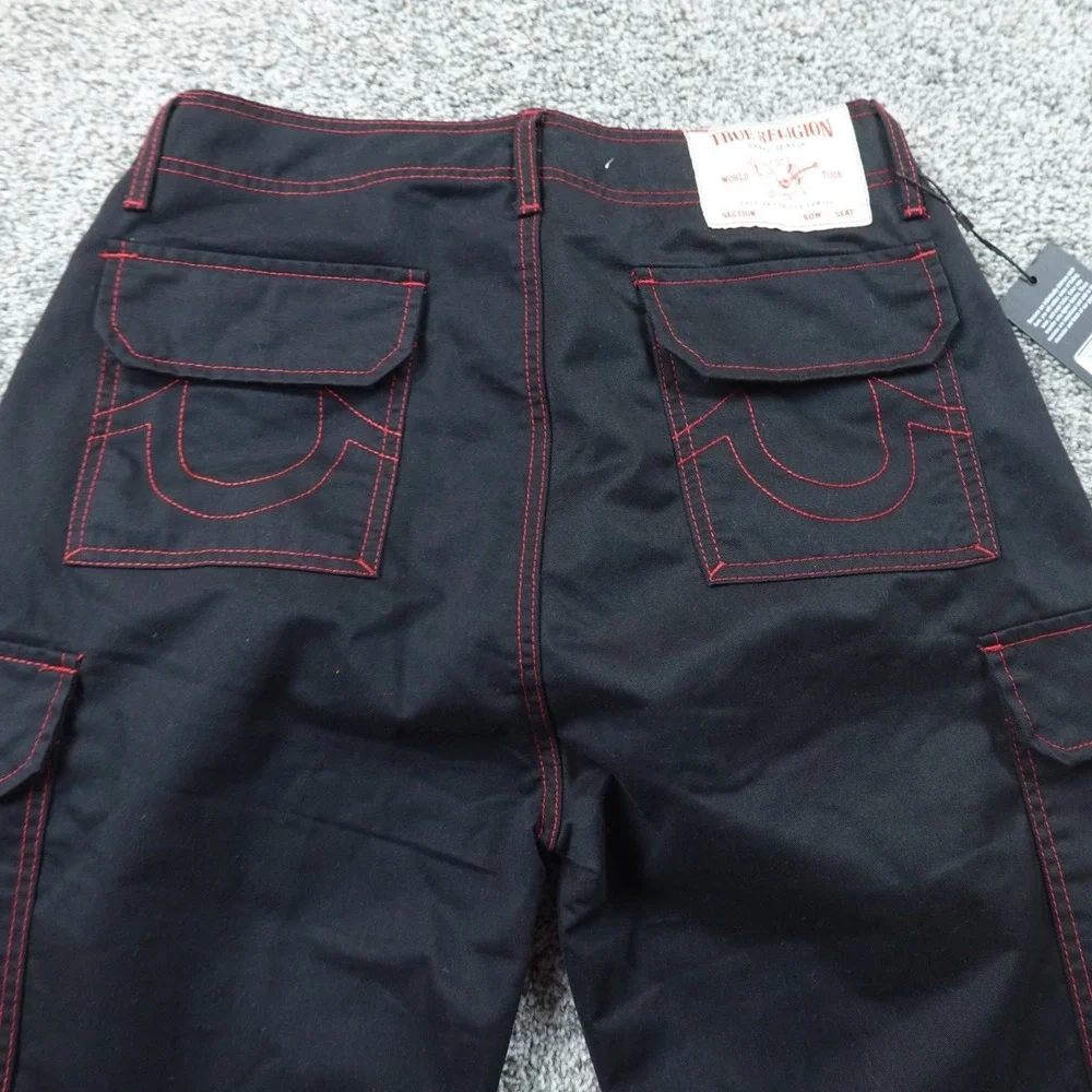 NEW True Religion Pants Mens 30X32 Black Cargo Red Contrast Stitch Flap Pockets